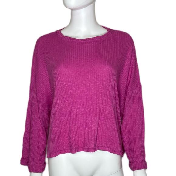 Abound Women's Pink Cyclamen Bandeau Neck Long Cuff Sleeve Ribbed Knit Top sz S - Picture 2 of 5